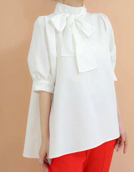 画像13: Women's Lantern Short Sleeve Bow Tie Stand Collar Shirt　ラタンスリーブボウリボンミドル丈シャツブラウス (13)