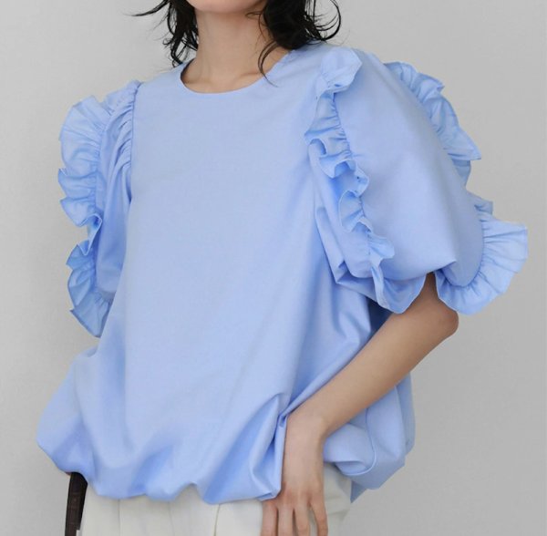 画像1: Women's Cuffs Ruffle Balloon T-shirt　カフ フリルフバルーンプルオーバー半袖Tシャツ (1)