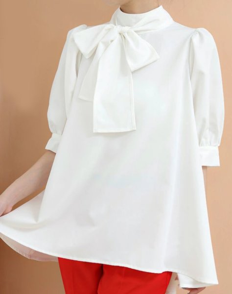 画像8: Women's Lantern Short Sleeve Bow Tie Stand Collar Shirt　ラタンスリーブボウリボンミドル丈シャツブラウス (8)