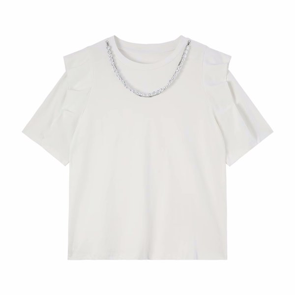 画像2: Pearl round neck frill half sleeve T-shirt　パール付きラウンドネックフリルプルオーバー半袖Tシャツ (2)