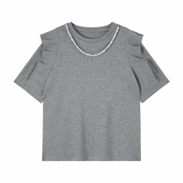 画像3: Pearl round neck frill half sleeve T-shirt　パール付きラウンドネックフリルプルオーバー半袖Tシャツ (3)
