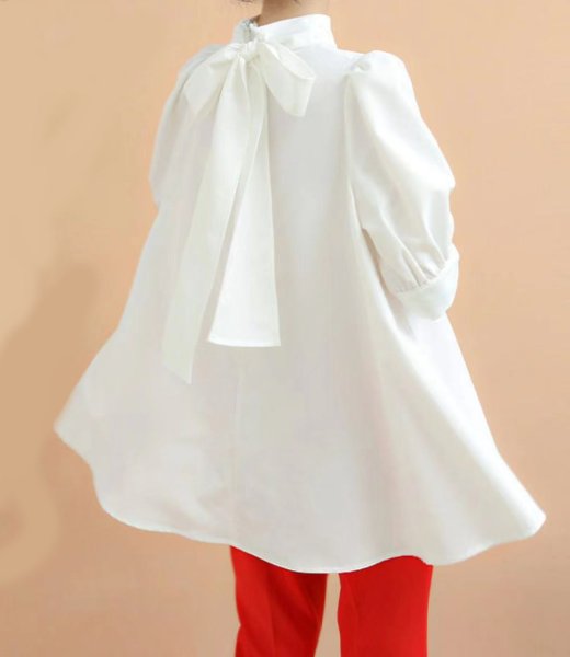 画像2: Women's Lantern Short Sleeve Bow Tie Stand Collar Shirt　ラタンスリーブボウリボンミドル丈シャツブラウス (2)