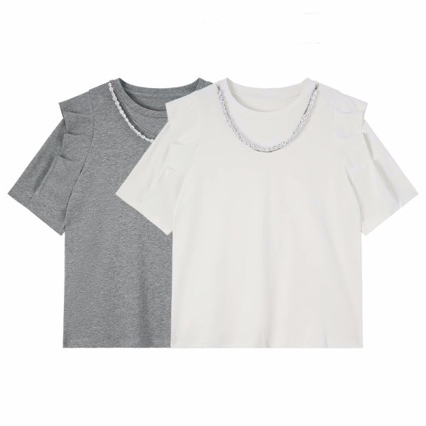 画像7: Pearl round neck frill half sleeve T-shirt　パール付きラウンドネックフリルプルオーバー半袖Tシャツ (7)