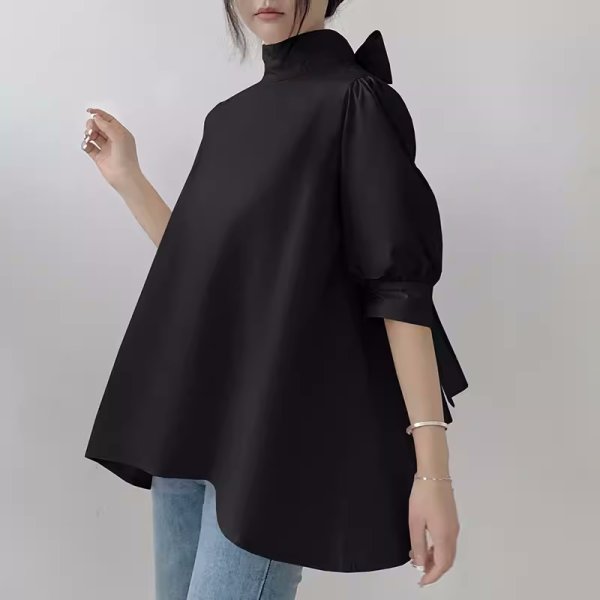 画像4: Women's Lantern Short Sleeve Bow Tie Stand Collar Shirt　ラタンスリーブボウリボンミドル丈シャツブラウス (4)