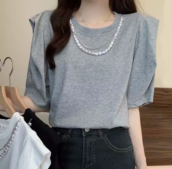 画像5: Pearl round neck frill half sleeve T-shirt　パール付きラウンドネックフリルプルオーバー半袖Tシャツ (5)