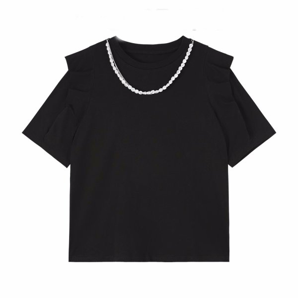 画像1: Pearl round neck frill half sleeve T-shirt　パール付きラウンドネックフリルプルオーバー半袖Tシャツ (1)