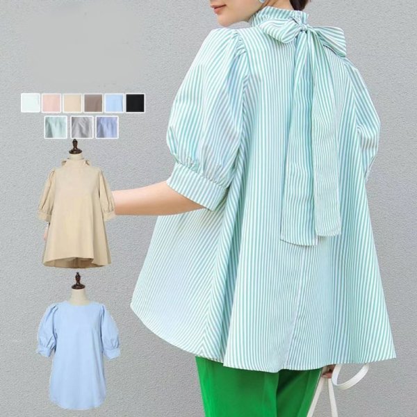 画像5: Women's Lantern Short Sleeve Bow Tie Stand Collar Shirt　ラタンスリーブボウリボンミドル丈シャツブラウス (5)