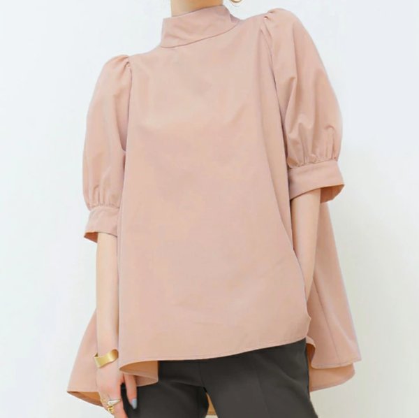 画像10: Women's Lantern Short Sleeve Bow Tie Stand Collar Shirt　ラタンスリーブボウリボンミドル丈シャツブラウス (10)