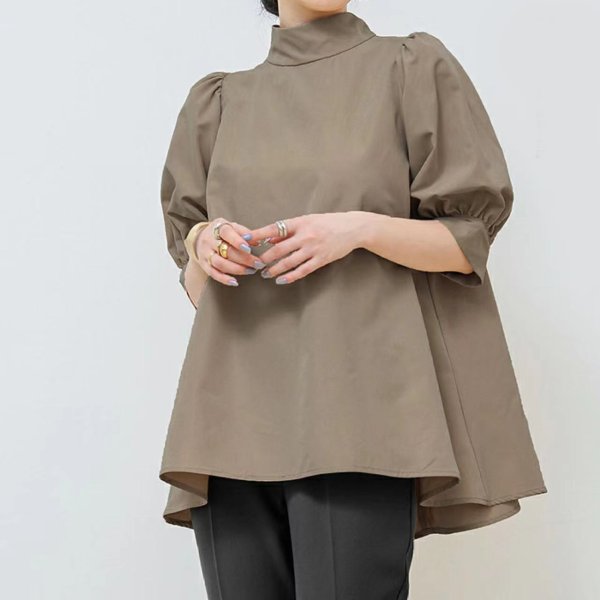 画像9: Women's Lantern Short Sleeve Bow Tie Stand Collar Shirt　ラタンスリーブボウリボンミドル丈シャツブラウス (9)