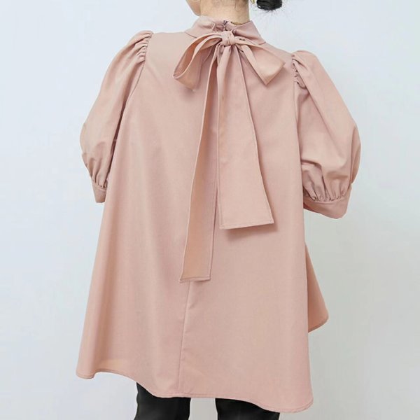 画像1: Women's Lantern Short Sleeve Bow Tie Stand Collar Shirt　ラタンスリーブボウリボンミドル丈シャツブラウス (1)