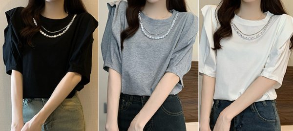 画像6: Pearl round neck frill half sleeve T-shirt　パール付きラウンドネックフリルプルオーバー半袖Tシャツ (6)