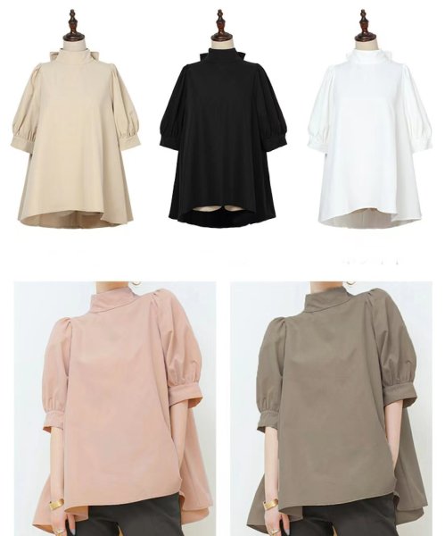 画像6: Women's Lantern Short Sleeve Bow Tie Stand Collar Shirt　ラタンスリーブボウリボンミドル丈シャツブラウス (6)