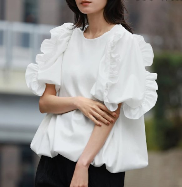 画像11: Women's Cuffs Ruffle Balloon T-shirt　カフ フリルフバルーンプルオーバー半袖Tシャツ (11)