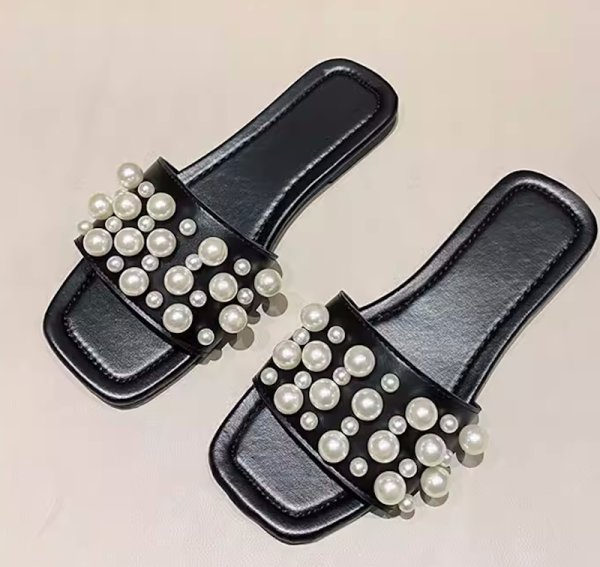 画像2: Women's Leather pearl flat sandals slippers 　ユニセックス フラットレザーパールサンダル スリッパ  (2)