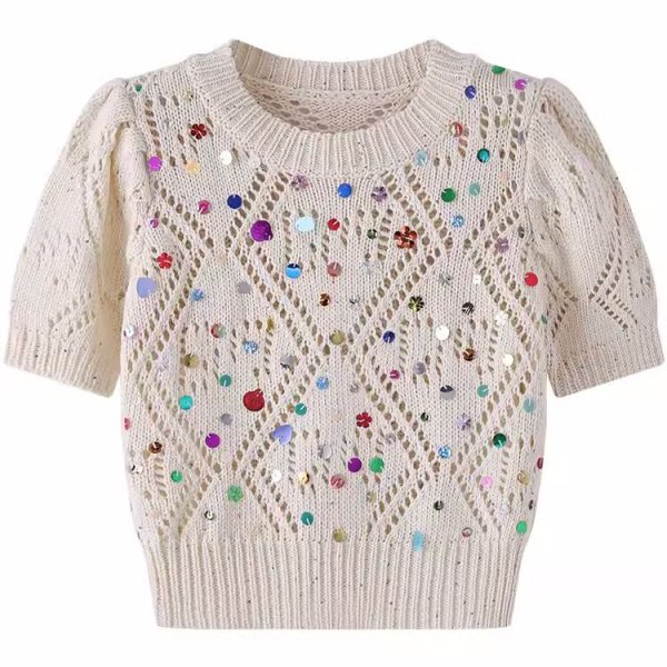 画像1: Women's Round neck bejeweled short sleeve summer knit　ラウンドネック ビジュー 半袖サマーニット (1)