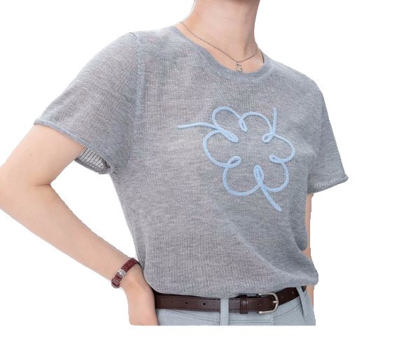 画像4: Women's Round neck plate short sleeve flower embroidery lightweight sweater　ラウンドネックプレート半袖花フラワー刺繍薄手セータープルオーバーTシャツ (4)