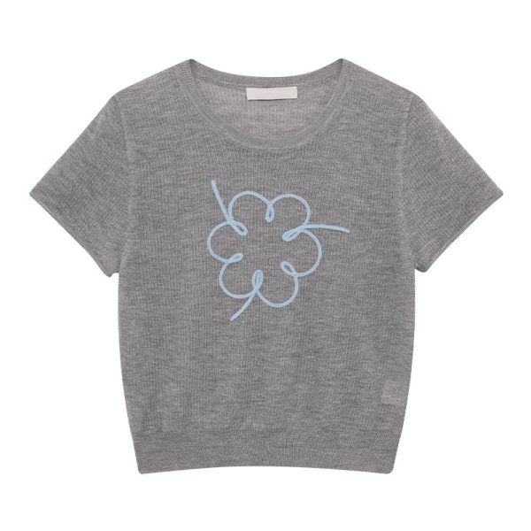 画像1: Women's Round neck plate short sleeve flower embroidery lightweight sweater　ラウンドネックプレート半袖花フラワー刺繍薄手セータープルオーバーTシャツ (1)