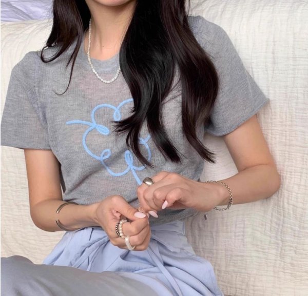 画像5: Women's Round neck plate short sleeve flower embroidery lightweight sweater　ラウンドネックプレート半袖花フラワー刺繍薄手セータープルオーバーTシャツ (5)