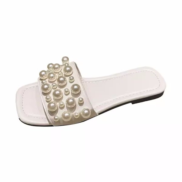 画像1: Women's Leather pearl flat sandals slippers 　ユニセックス フラットレザーパールサンダル スリッパ  (1)