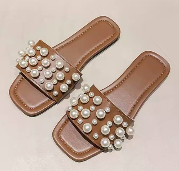 画像3: Women's Leather pearl flat sandals slippers 　ユニセックス フラットレザーパールサンダル スリッパ  (3)