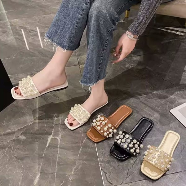 画像8: Women's Leather pearl flat sandals slippers 　ユニセックス フラットレザーパールサンダル スリッパ  (8)