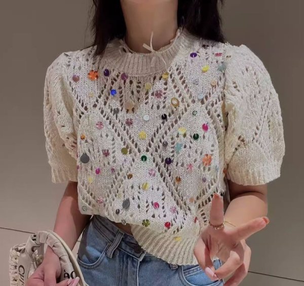 画像3: Women's Round neck bejeweled short sleeve summer knit　ラウンドネック ビジュー 半袖サマーニット (3)