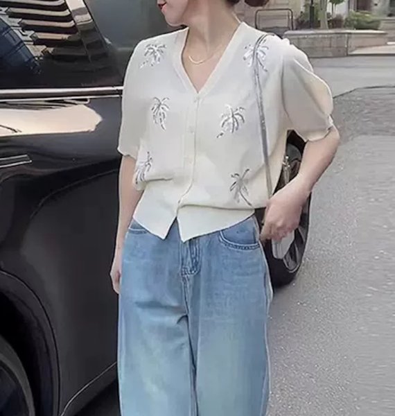 画像6: Women's Ice silk v neck waist short knit cardigan　Vネックパームスパンコールニットカーディガン (6)