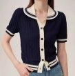 画像1: Women's Polo collar knit short sleeve cardigan sweater  ポロカラー半袖ニットセータープルオーバ (1)