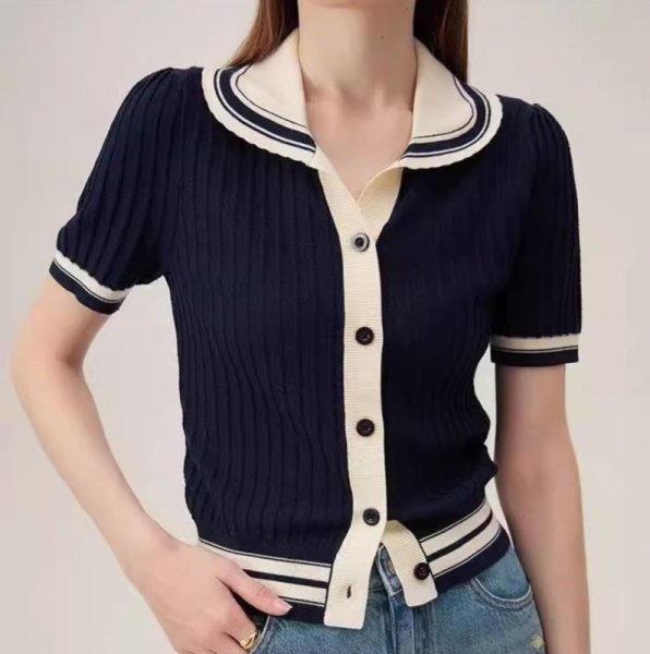 画像1: Women's Polo collar knit short sleeve cardigan sweater  ポロカラー半袖ニットセータープルオーバ (1)