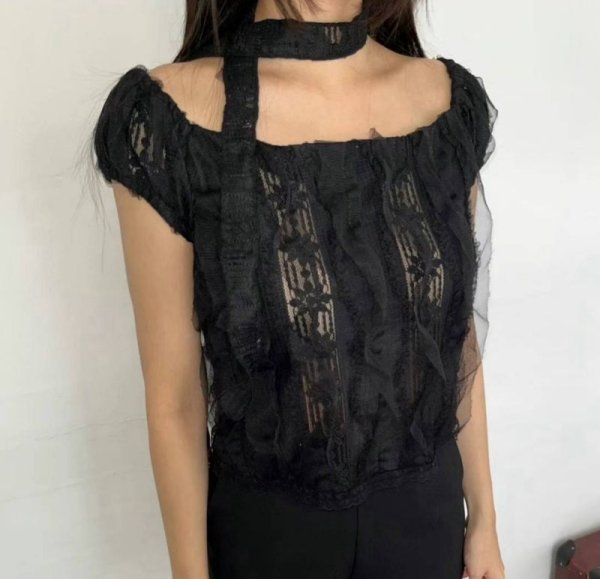 画像4: Women's Lace flower pure short sleeve blouse with scarf　レースフラワーショート丈シャツブラウススカーフ付き (4)