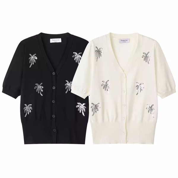 画像1: Women's Ice silk v neck waist short knit cardigan　Vネックパームスパンコールニットカーディガン (1)