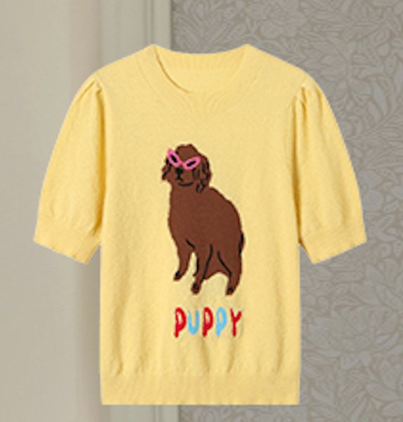 画像2: Women's  Puppy jacquard yellow short sleeve sweater knit　 パピー子犬編み込み半袖ニットセータープルオーバ (2)