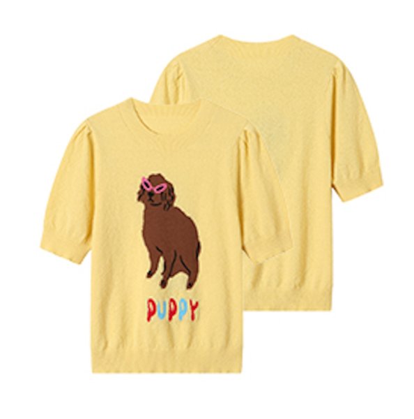 画像1: Women's  Puppy jacquard yellow short sleeve sweater knit　 パピー子犬編み込み半袖ニットセータープルオーバ (1)