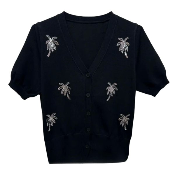 画像2: Women's Ice silk v neck waist short knit cardigan　Vネックパームスパンコールニットカーディガン (2)