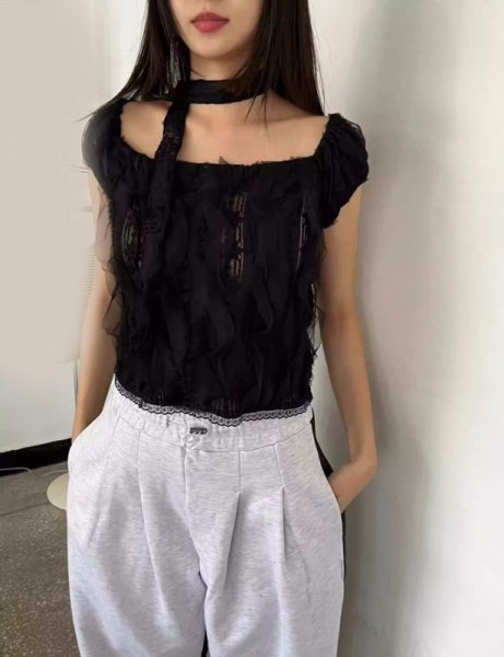 画像2: Women's Lace flower pure short sleeve blouse with scarf　レースフラワーショート丈シャツブラウススカーフ付き (2)