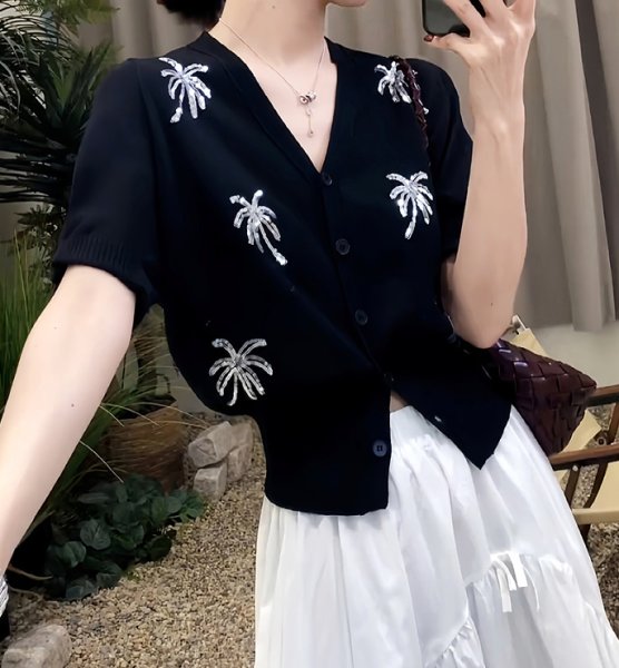 画像5: Women's Ice silk v neck waist short knit cardigan　Vネックパームスパンコールニットカーディガン (5)