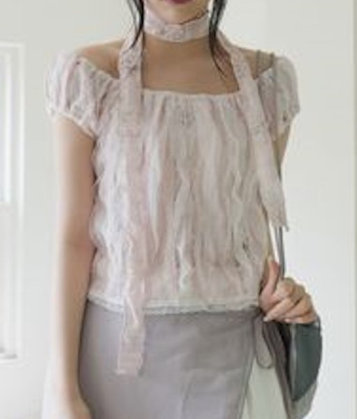 画像3: Women's Lace flower pure short sleeve blouse with scarf　レースフラワーショート丈シャツブラウススカーフ付き (3)
