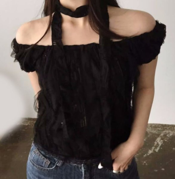 画像5: Women's Lace flower pure short sleeve blouse with scarf　レースフラワーショート丈シャツブラウススカーフ付き (5)