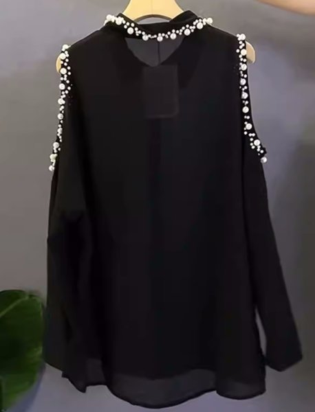 画像3: Women's Tide Shoulder Pearl Collar Simple See-through Shirt　シフォンパール付き肩出しシャツブラウス (3)