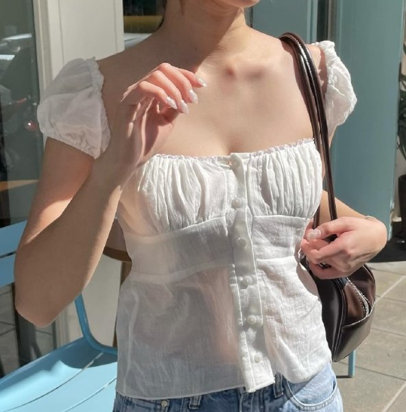 画像3: Women's Square neck buttoned blouse　ボタン付きスクエアネックショート丈ブラウス (3)