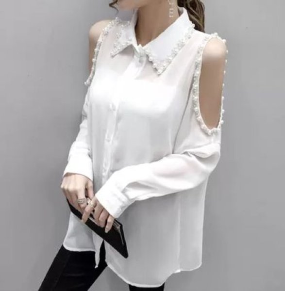 画像2: Women's Tide Shoulder Pearl Collar Simple See-through Shirt　シフォンパール付き肩出しシャツブラウス (2)