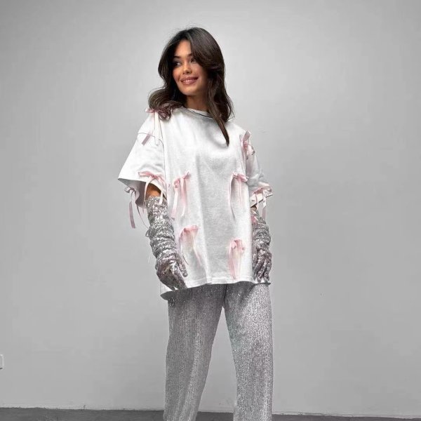 画像5: Women's Round neck Ribbon point short sleeve T-shirt　ラウンドネックリボン付き半袖Tシャツ (5)