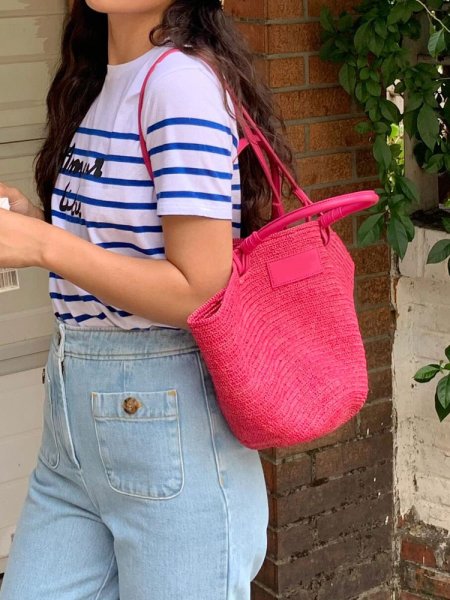 画像5: Pink raffia straw basket tote bag　ピンクラフィアストローかご籠トートショルダーバッグ (5)