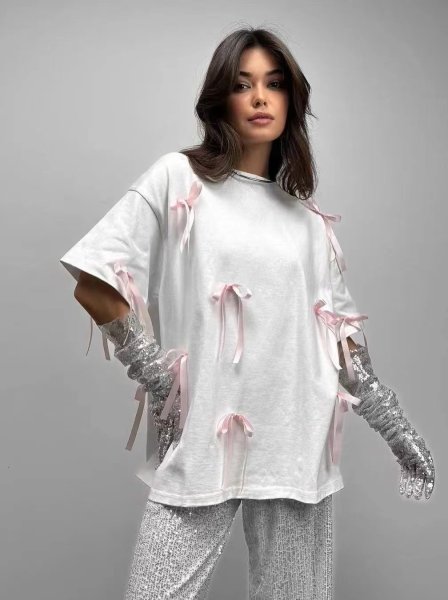 画像3: Women's Round neck Ribbon point short sleeve T-shirt　ラウンドネックリボン付き半袖Tシャツ (3)