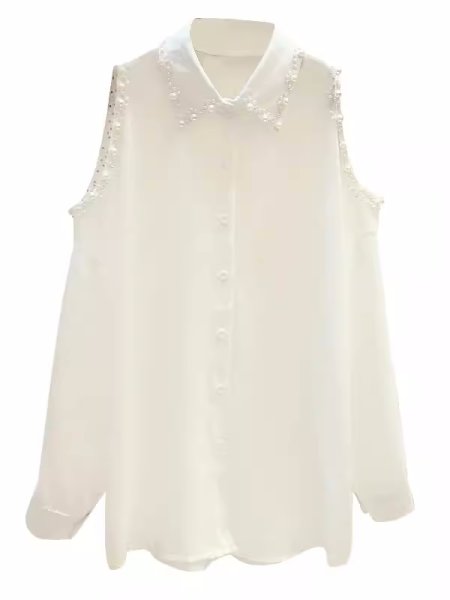 画像4: Women's Tide Shoulder Pearl Collar Simple See-through Shirt　シフォンパール付き肩出しシャツブラウス (4)