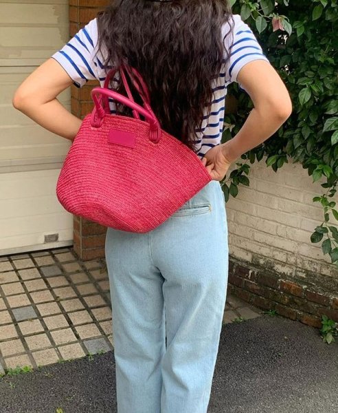 画像6: Pink raffia straw basket tote bag　ピンクラフィアストローかご籠トートショルダーバッグ (6)