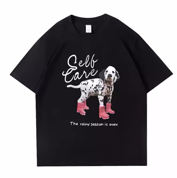 画像2: Women's Round neck Dog print with long boots short sleeve T-shirt　ラウンドネック長靴を履いた犬ドッグプリント半袖Tシャツ (2)