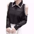 画像1: Women's Tide Shoulder Pearl Collar Simple See-through Shirt　シフォンパール付き肩出しシャツブラウス (1)