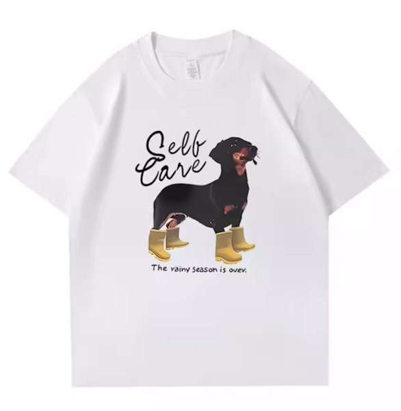 画像1: Women's Round neck Dog print with long boots short sleeve T-shirt　ラウンドネック長靴を履いた犬ドッグプリント半袖Tシャツ (1)