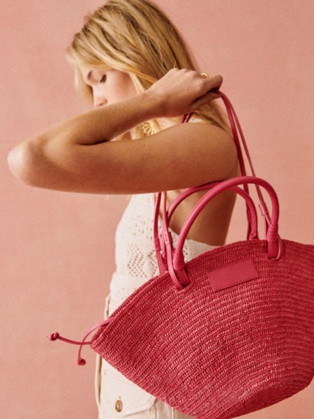 画像2: Pink raffia straw basket tote bag　ピンクラフィアストローかご籠トートショルダーバッグ (2)